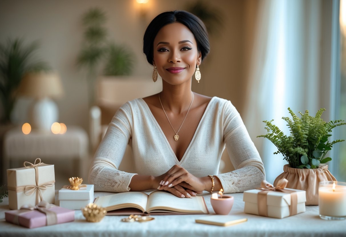 A confident woman in her early 30s sitting at a table with thoughtful gifts like a journal, jewelry, a plant, and a candle, smiling peacefully.