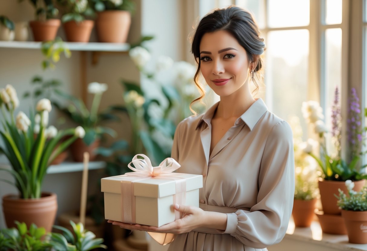 A confident woman in her early thirties holding a wrapped gift box in a sunlit room with plants, symbolizing growth and celebration.