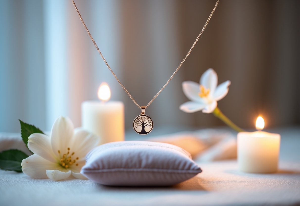 Close-up of a necklace with a symbolic pendant displayed on a velvet cushion, surrounded by a flower and candles.