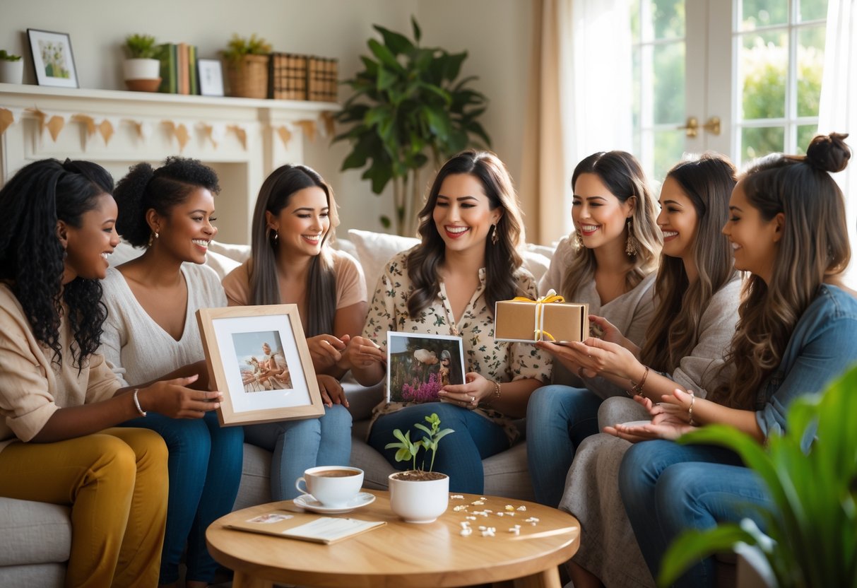 A group of women celebrating a 30th birthday in a cozy living room, exchanging meaningful gifts and smiling together.