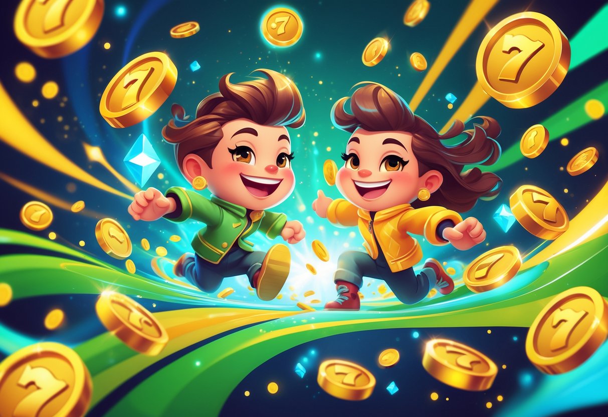Dua kembar ceria dikelilingi oleh koin emas dan simbol keberuntungan dengan latar belakang pola warna-warni yang menunjukkan kemenangan beruntun.