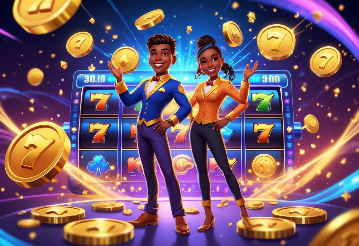 Dua kembar ceria berdiri di depan mesin slot yang berputar dengan koin emas dan simbol keberuntungan di sekeliling mereka.