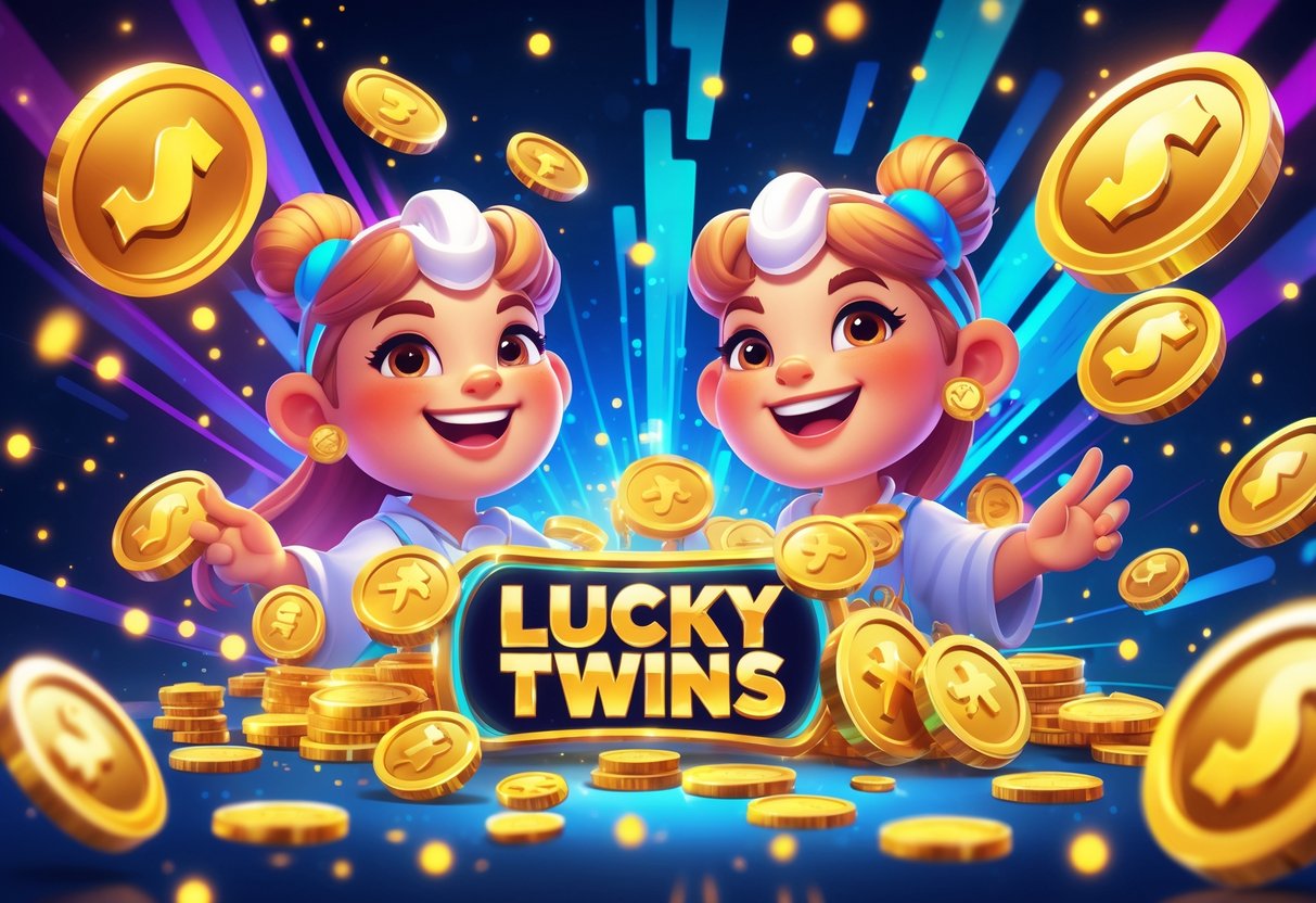 Dua kembar ceria dikelilingi koin emas dan simbol wild yang bersinar, dengan latar belakang lampu berwarna-warni dan elemen mekanis yang menunjukkan keberuntungan dan kemenangan berkelanjutan.