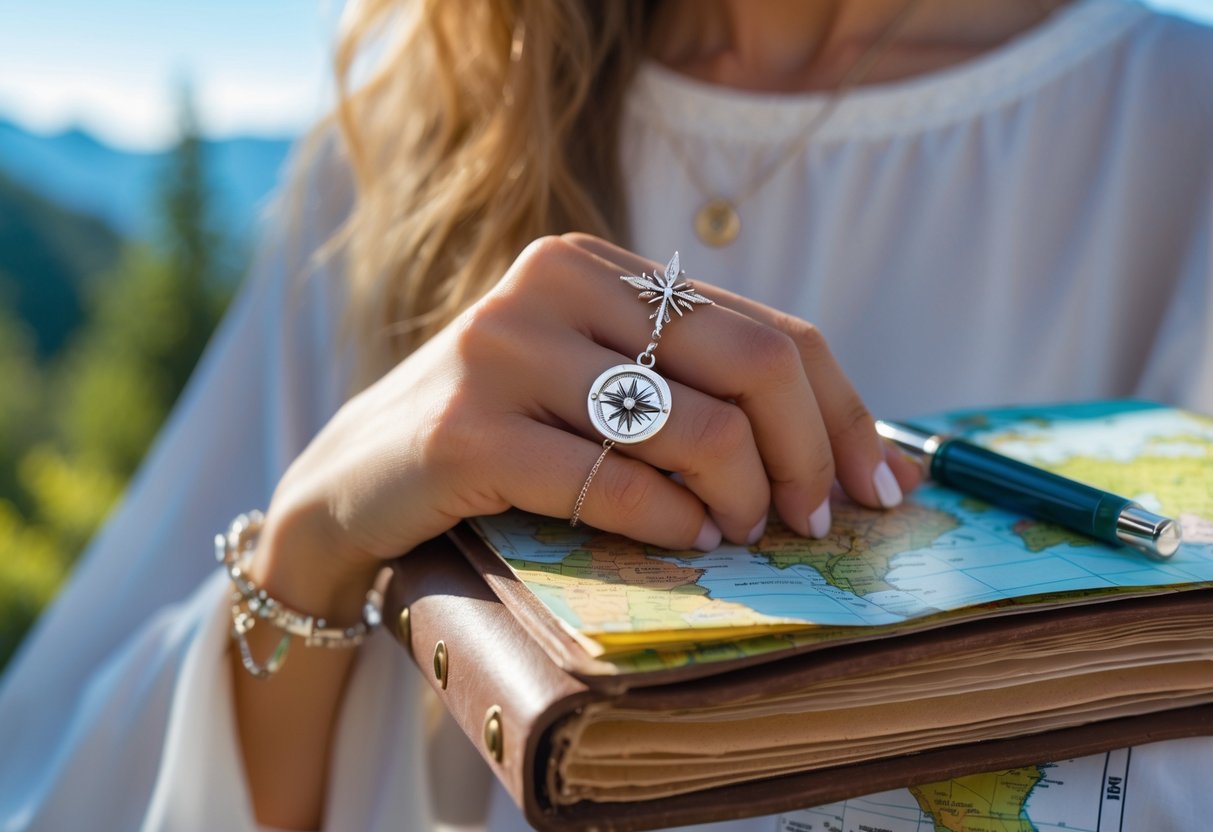 A woman's hand wearing travel-inspired jewelry holding a vintage leather travel journal with a blurred natural landscape in the background.