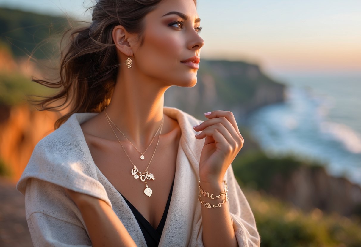 A young woman outdoors wearing meaningful jewelry, looking thoughtfully into the distance with a scenic background.