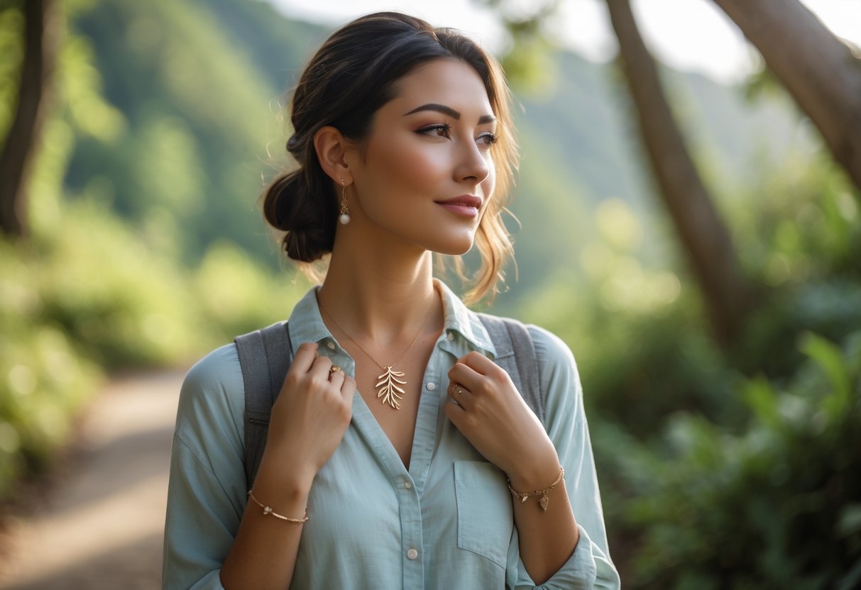 A young woman wearing delicate jewelry stands in a forest, looking thoughtfully into the distance.