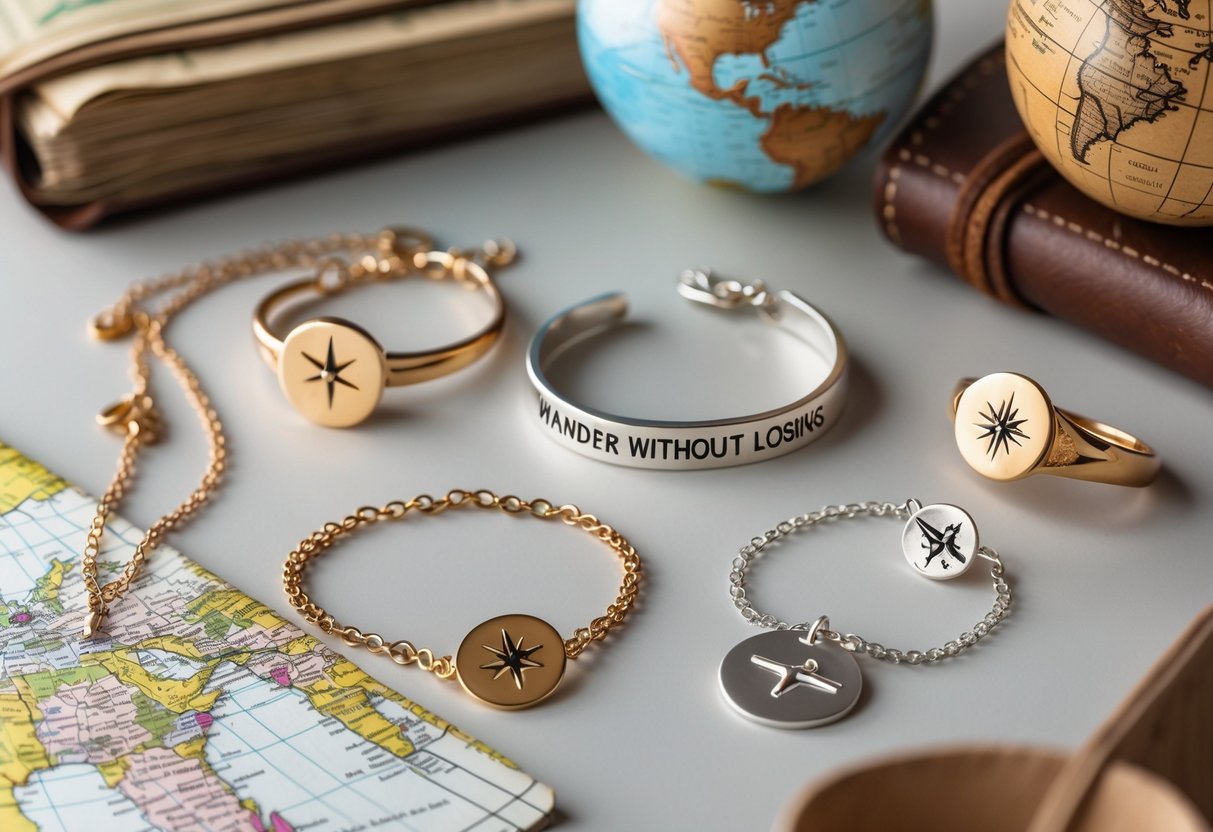 Close-up of travel-themed message jewelry including necklaces and bracelets with compass and world map designs, displayed with a vintage map and small globe.
