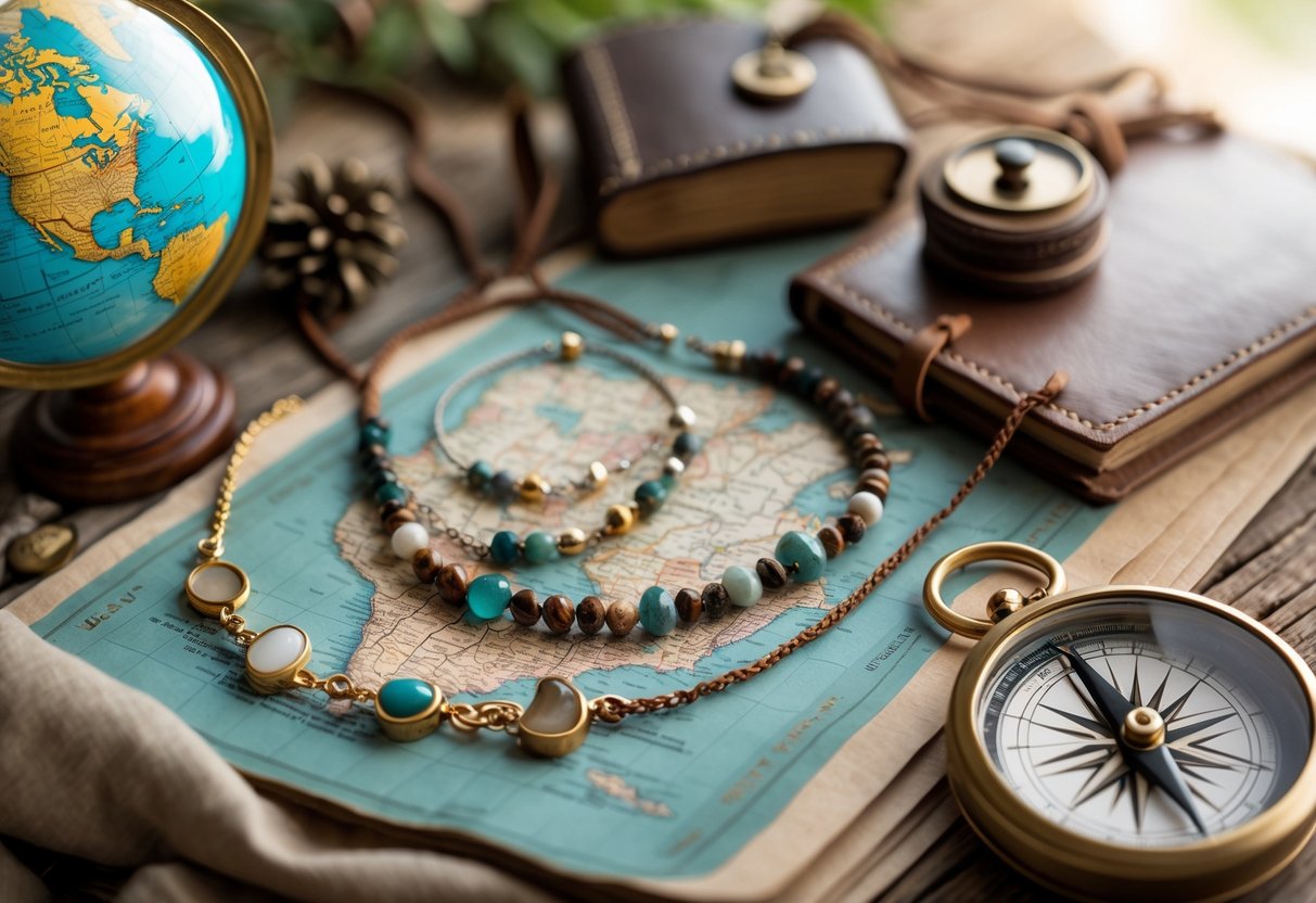 Close-up of handcrafted travel jewelry displayed with a vintage map, compass, journal, and globe on a wooden surface.
