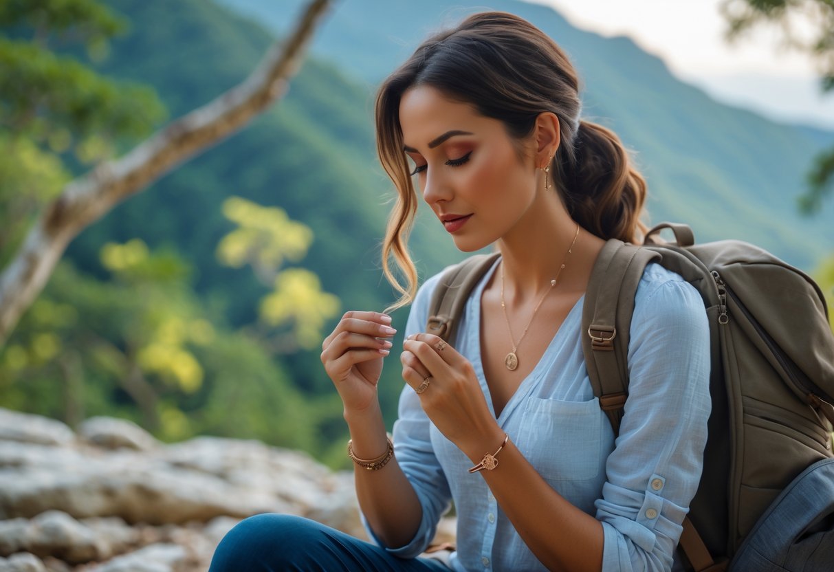 A woman outdoors looking at a delicate piece of jewelry while sitting in a natural setting with travel gear nearby.