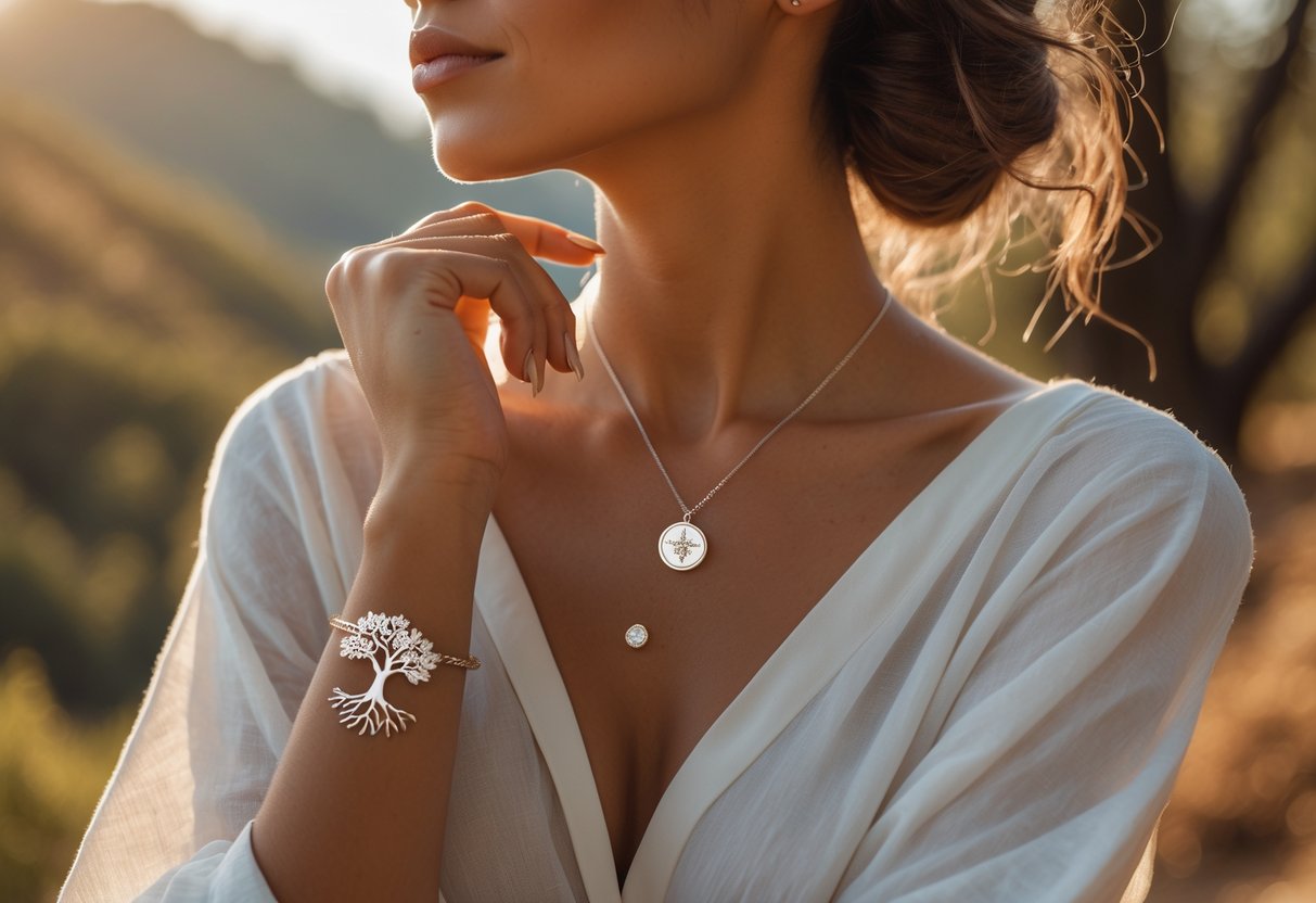A woman outdoors wearing travel-inspired jewelry, looking thoughtfully into the distance in a natural setting.
