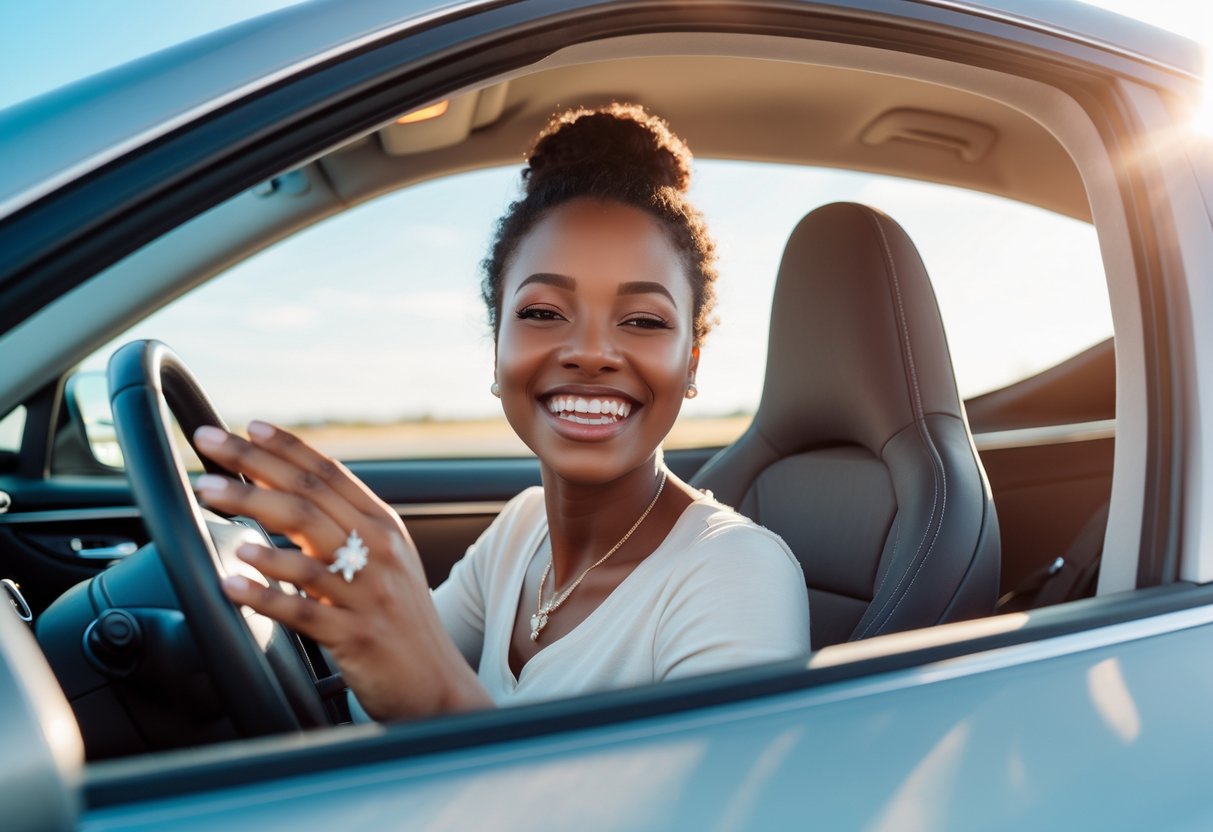 A young adult sitting in the driver's seat of a car with the door open, smiling and wearing elegant jewelry, with an open road and blue sky in the background.