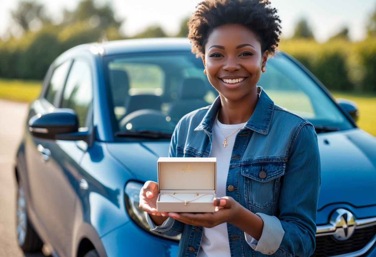 A young adult standing next to a new car outdoors, smiling and holding an open jewelry box with a necklace inside.