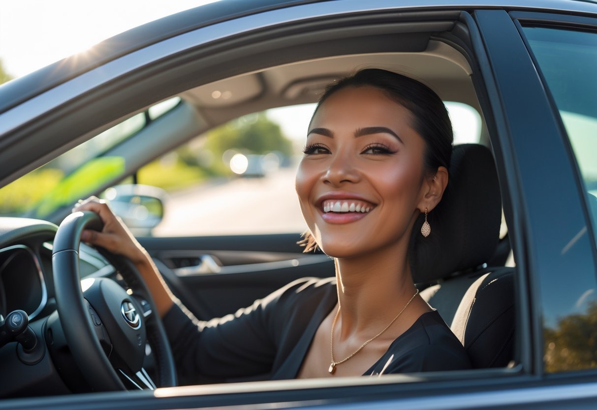 A young woman smiling inside a first car, wearing delicate gold jewelry, with a sunny street visible outside the window.
