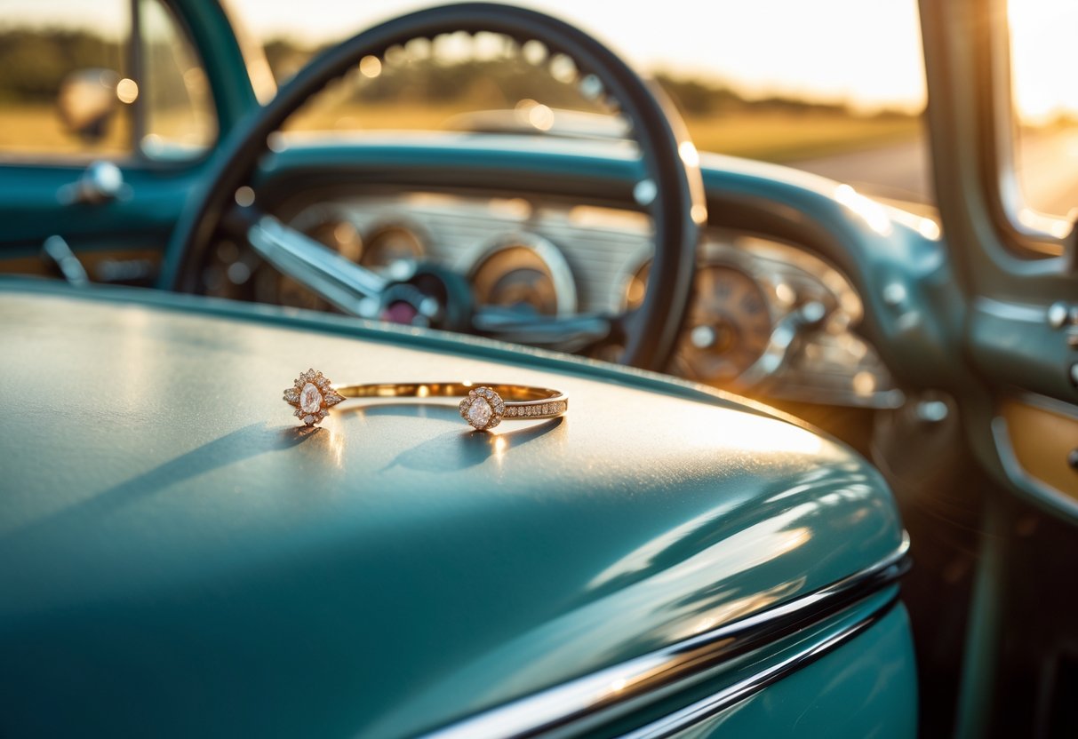 Close-up of a piece of jewelry on the dashboard of a vintage car with a sunlit open road in the background.