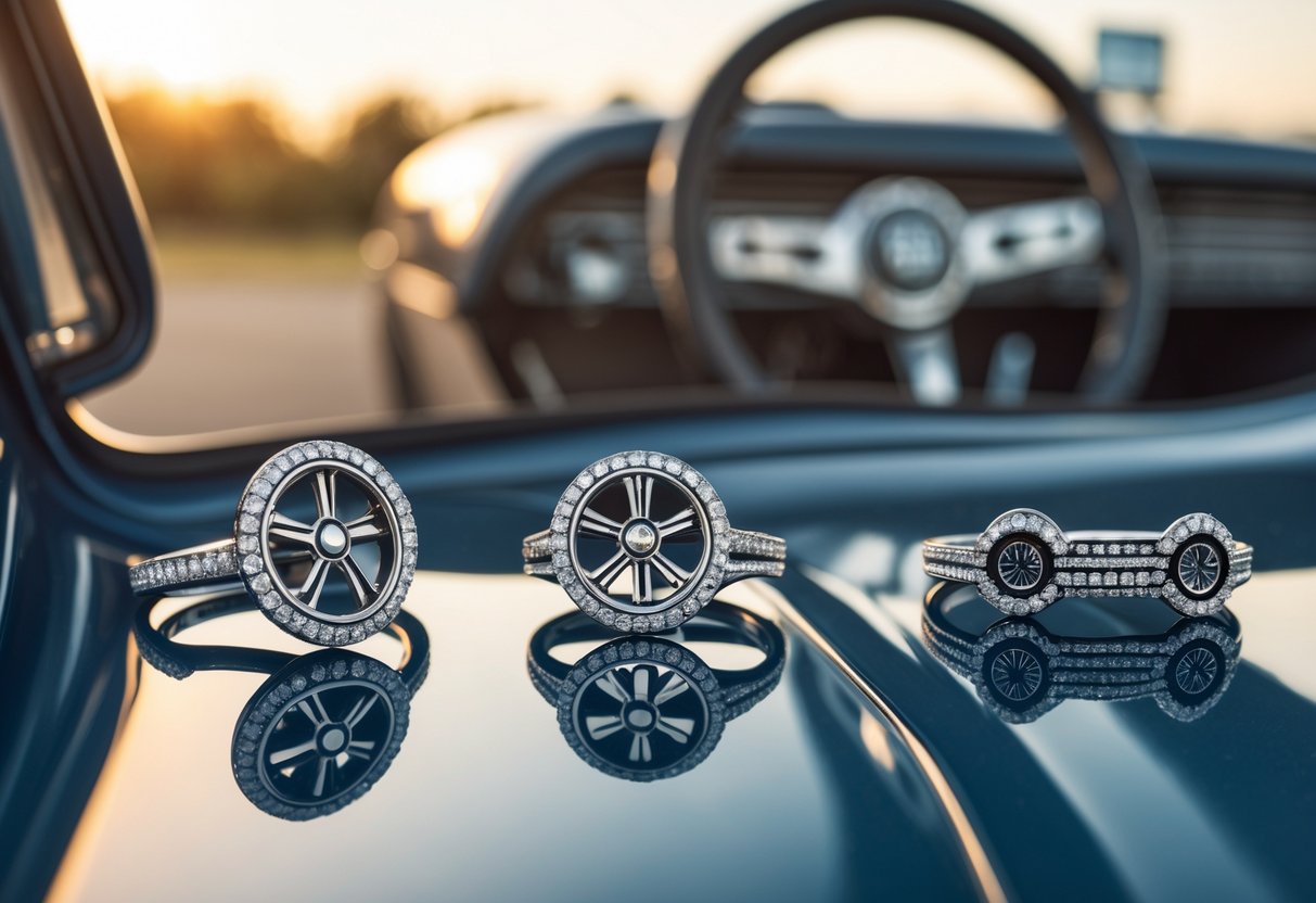 Close-up of automotive-inspired jewelry pieces arranged on a reflective surface with a blurred vintage car in the background.