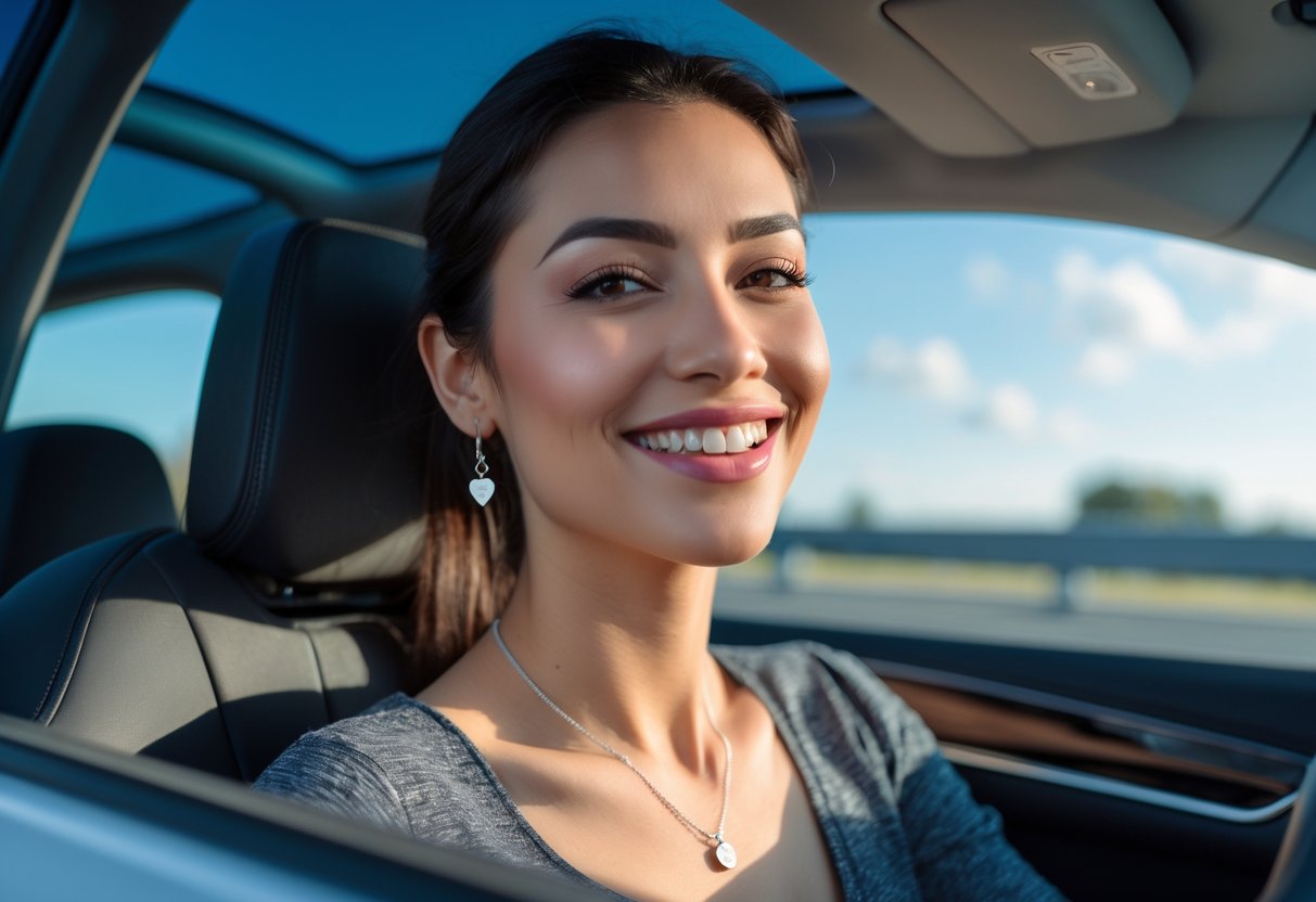 A young woman smiling in the driver's seat of a car, wearing meaningful jewelry that reflects her personal journey.