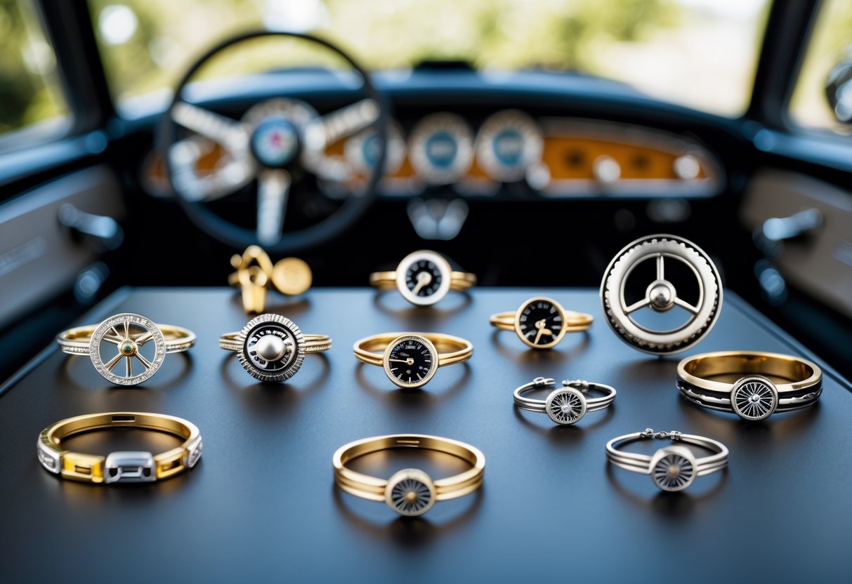 A collection of car-inspired jewelry pieces displayed on a black surface with a blurred classic car dashboard and keys in the background.