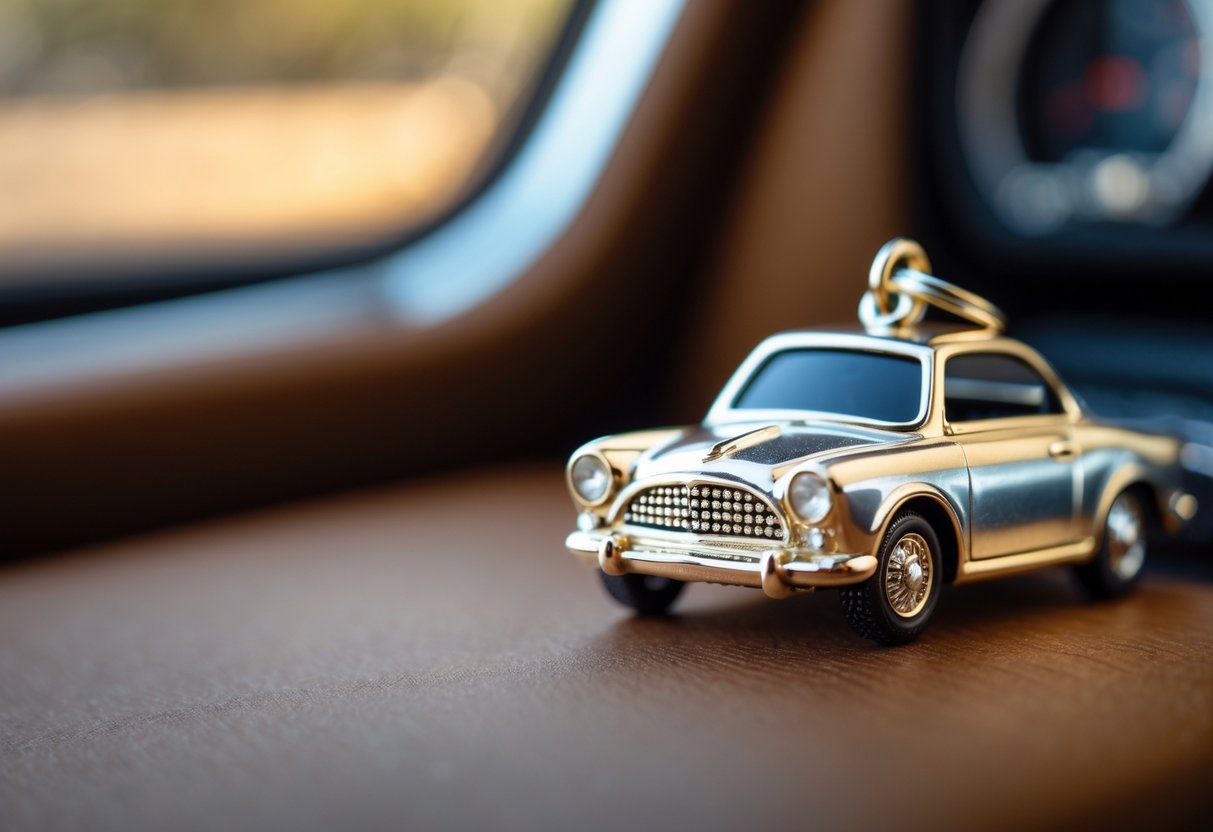 Close-up of a car-shaped pendant on a wooden surface with a blurred vintage car dashboard in the background.