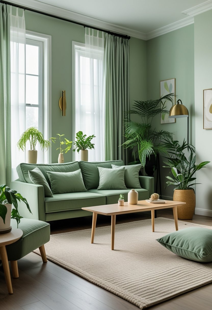 A living room with a sage green sofa, wooden coffee table, indoor plants, and natural light coming through large windows.