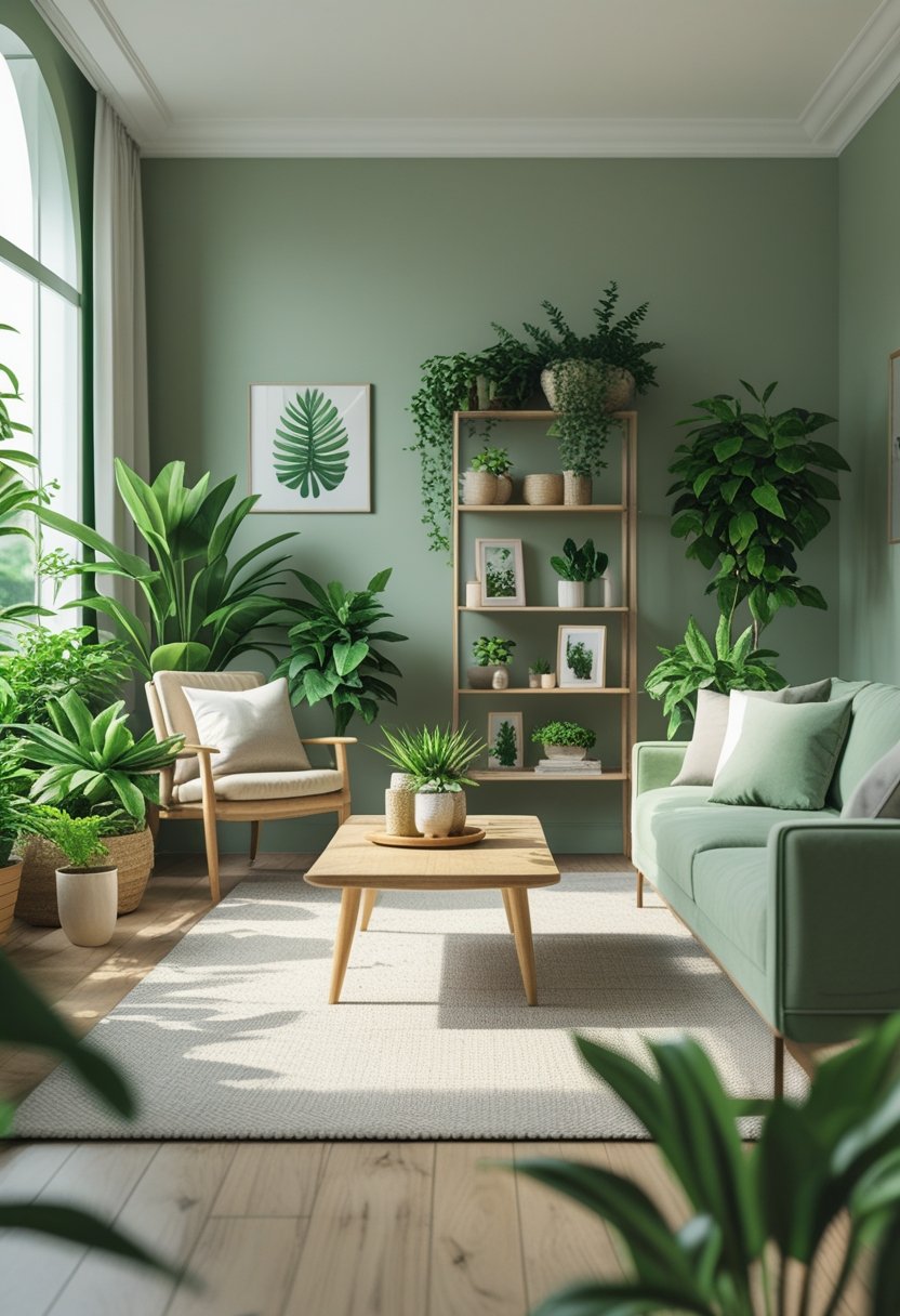 A living room with sage green walls, wooden furniture, and several indoor plants placed around the space.