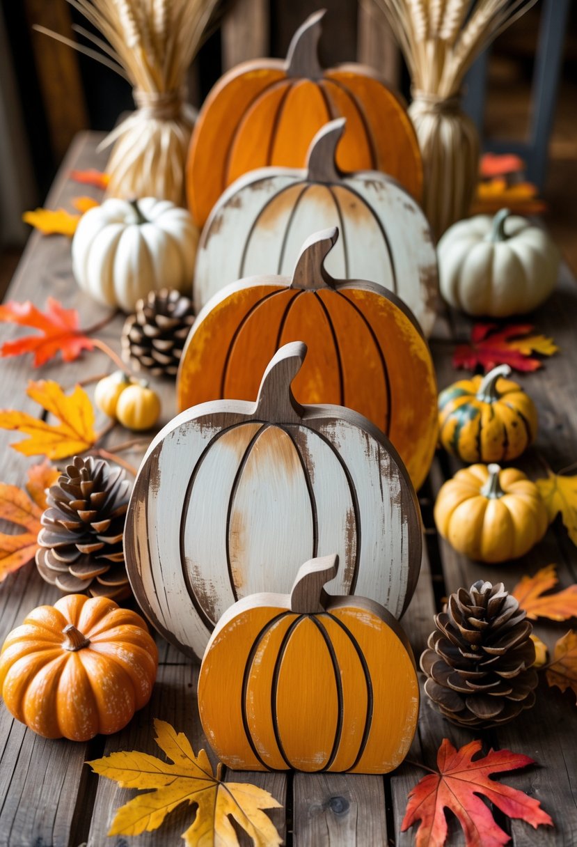 A collection of hand-painted wooden pumpkin signs displayed on a rustic table surrounded by autumn leaves, pine cones, and small gourds.