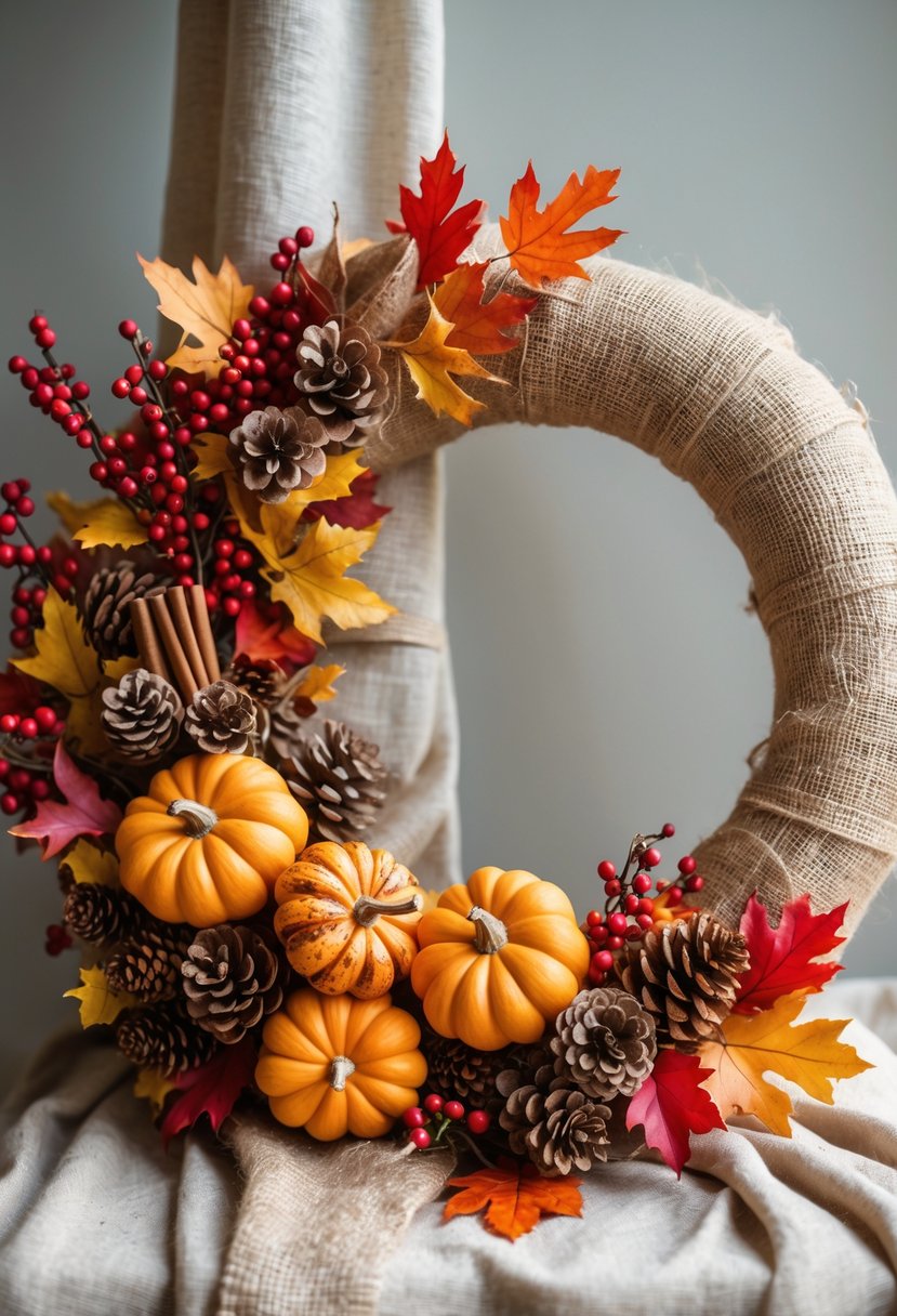 A rustic burlap wreath decorated with pumpkins, autumn leaves, pine cones, cinnamon sticks, and red berries on a neutral background.