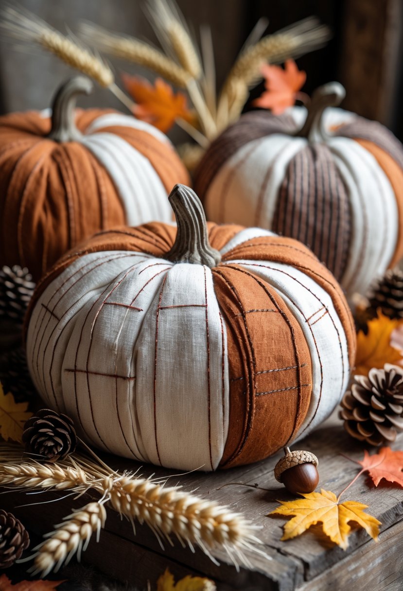 A collection of hand-stitched pumpkin pillows with fall decorations on a wooden surface.