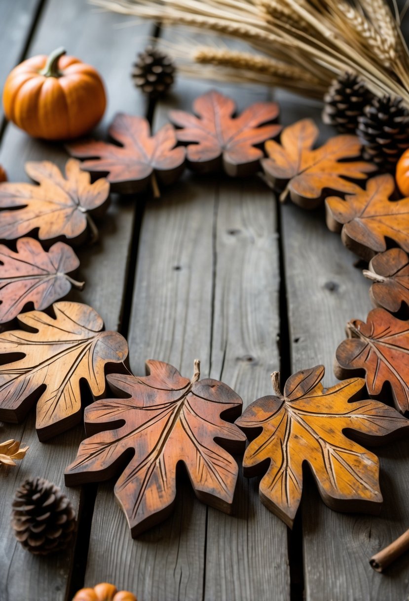 A wooden leaf garland with autumn colors arranged on a rustic wooden surface surrounded by small pumpkins, pinecones, and cinnamon sticks.