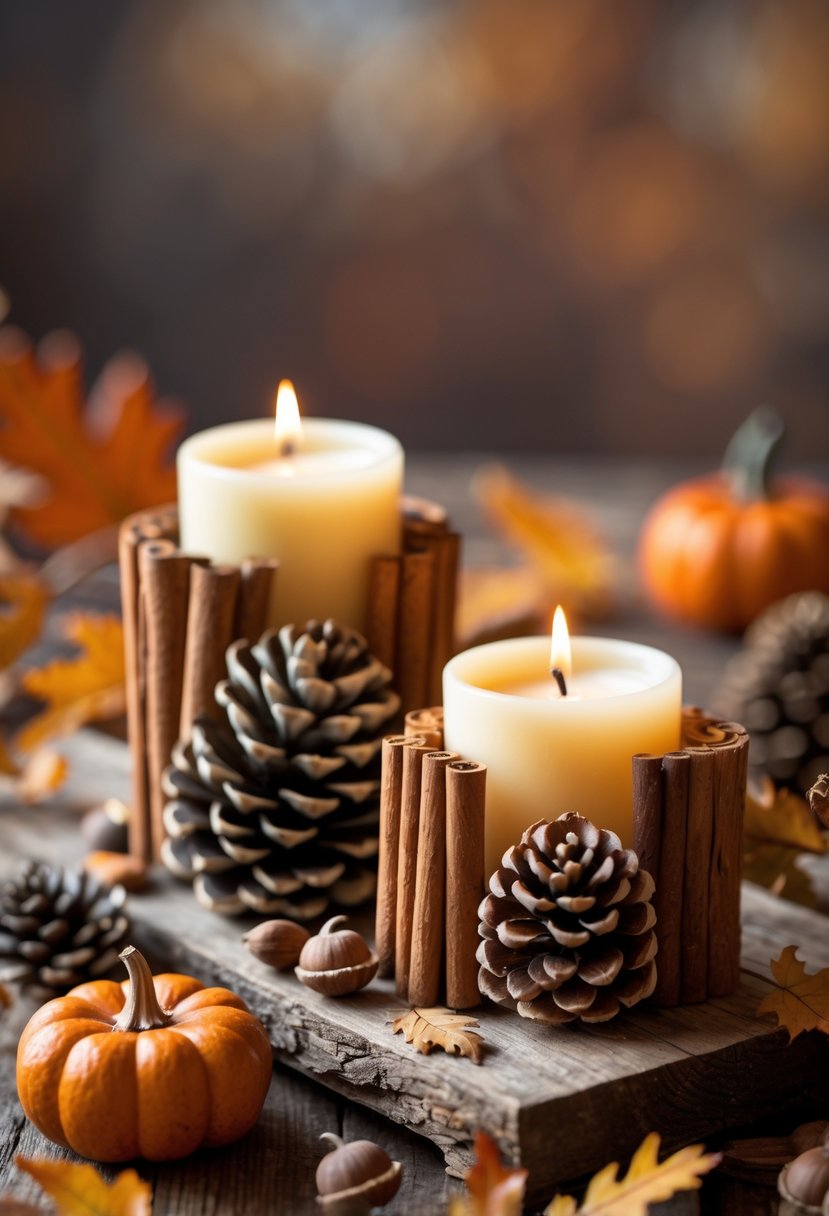 Two candle holders made from cinnamon sticks and pinecones on a wooden surface surrounded by autumn leaves and small pumpkins.