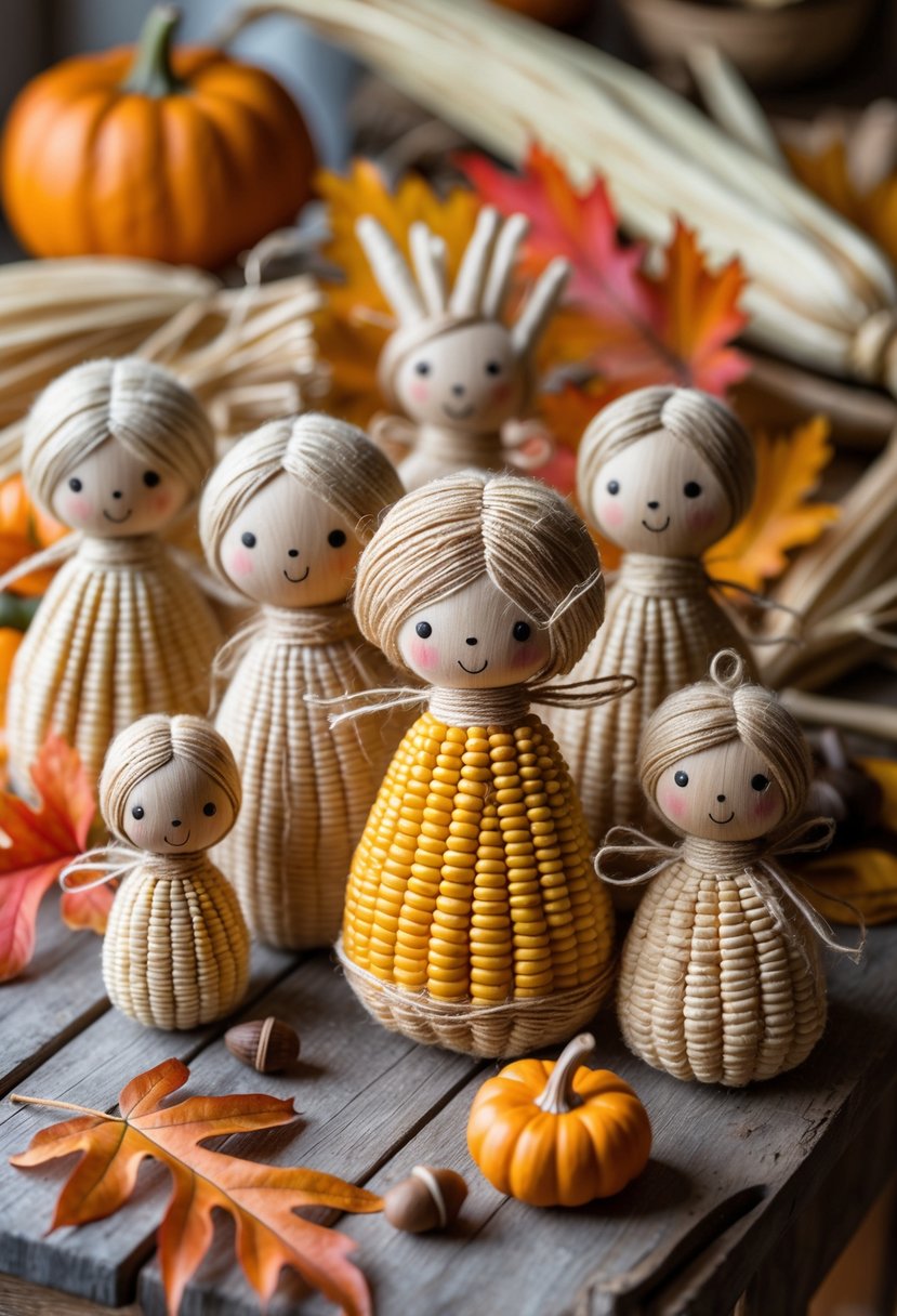 A collection of handmade corn husk dolls displayed on a wooden table surrounded by autumn leaves, pumpkins, and dried corn husks.