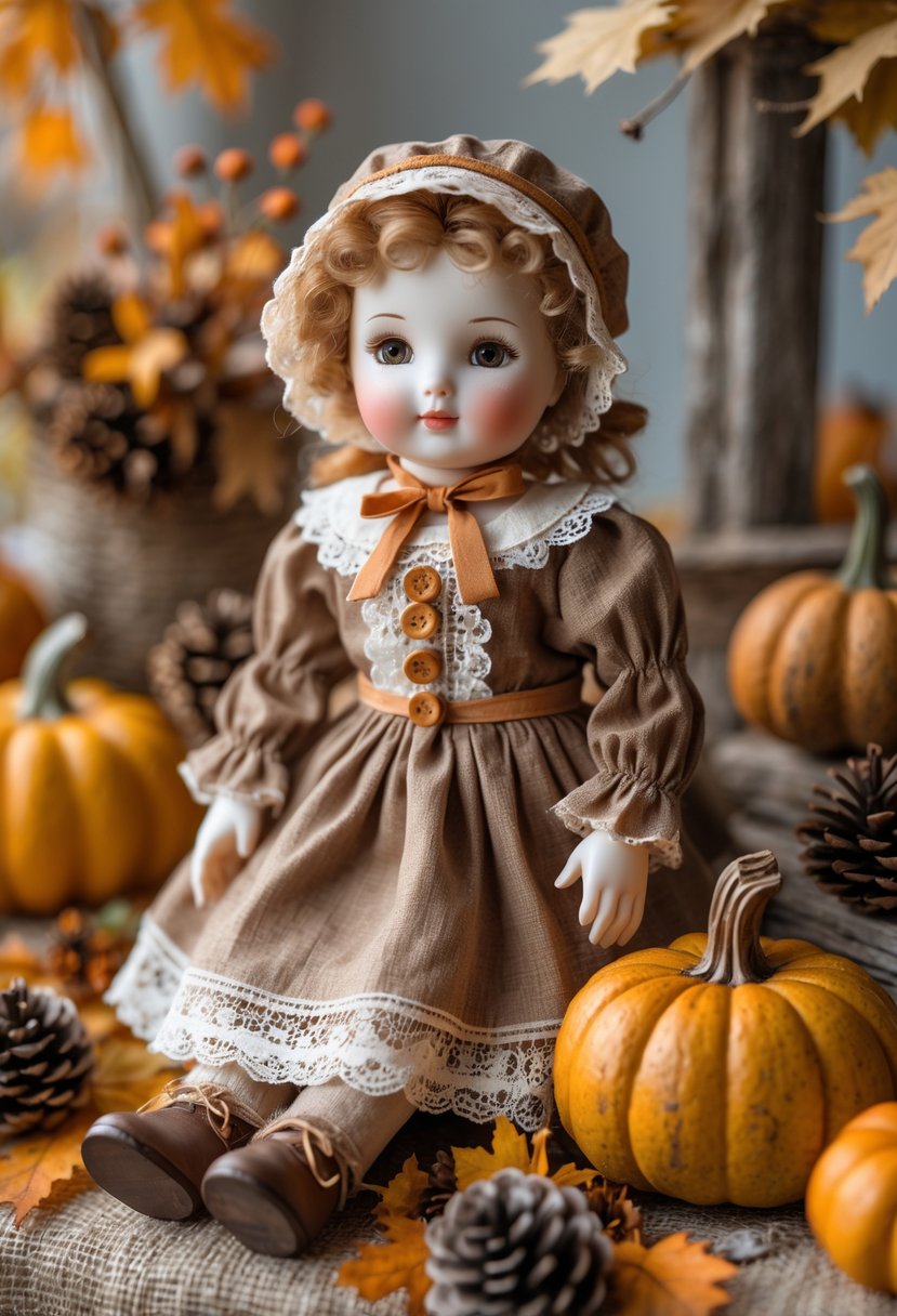 A porcelain doll dressed in vintage fall clothing surrounded by pumpkins, dried leaves, and rustic autumn decorations.