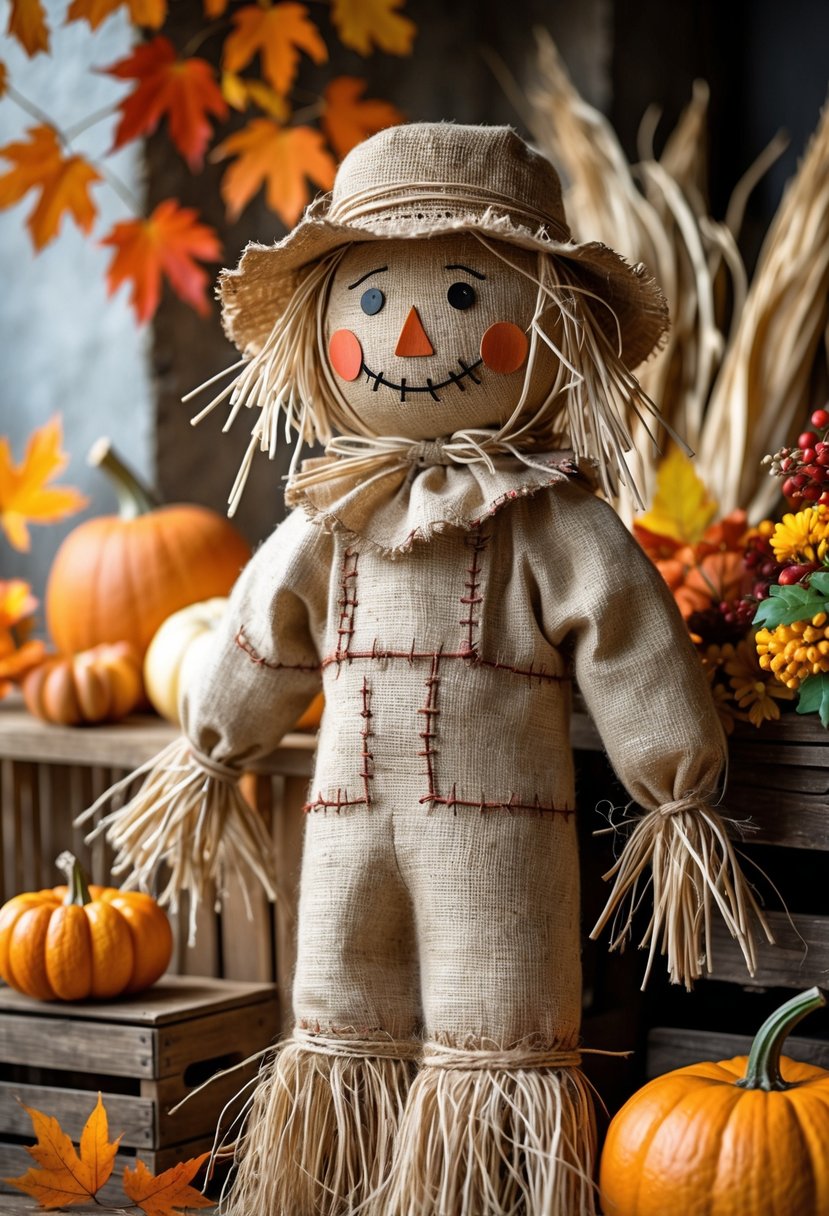 A handmade scarecrow surrounded by pumpkins, dried corn husks, and colorful fall leaves on a rustic wooden surface.