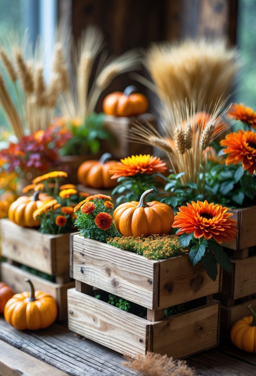 Miniature rustic wooden crates filled with autumn plants and small pumpkins arranged on a wooden surface.