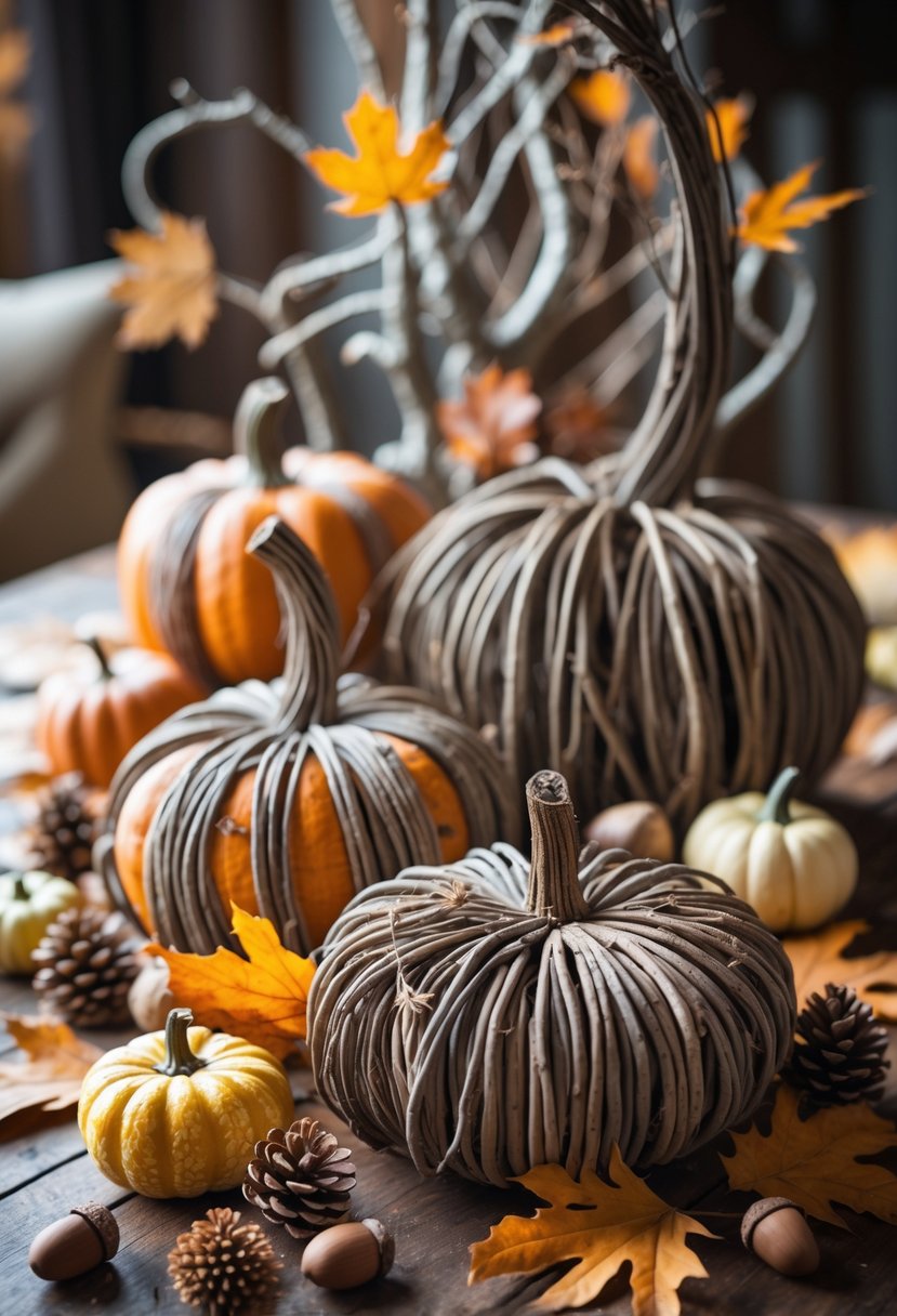 A rustic fall centerpiece with twisted twig pumpkins on a wooden table surrounded by dried leaves and small gourds.