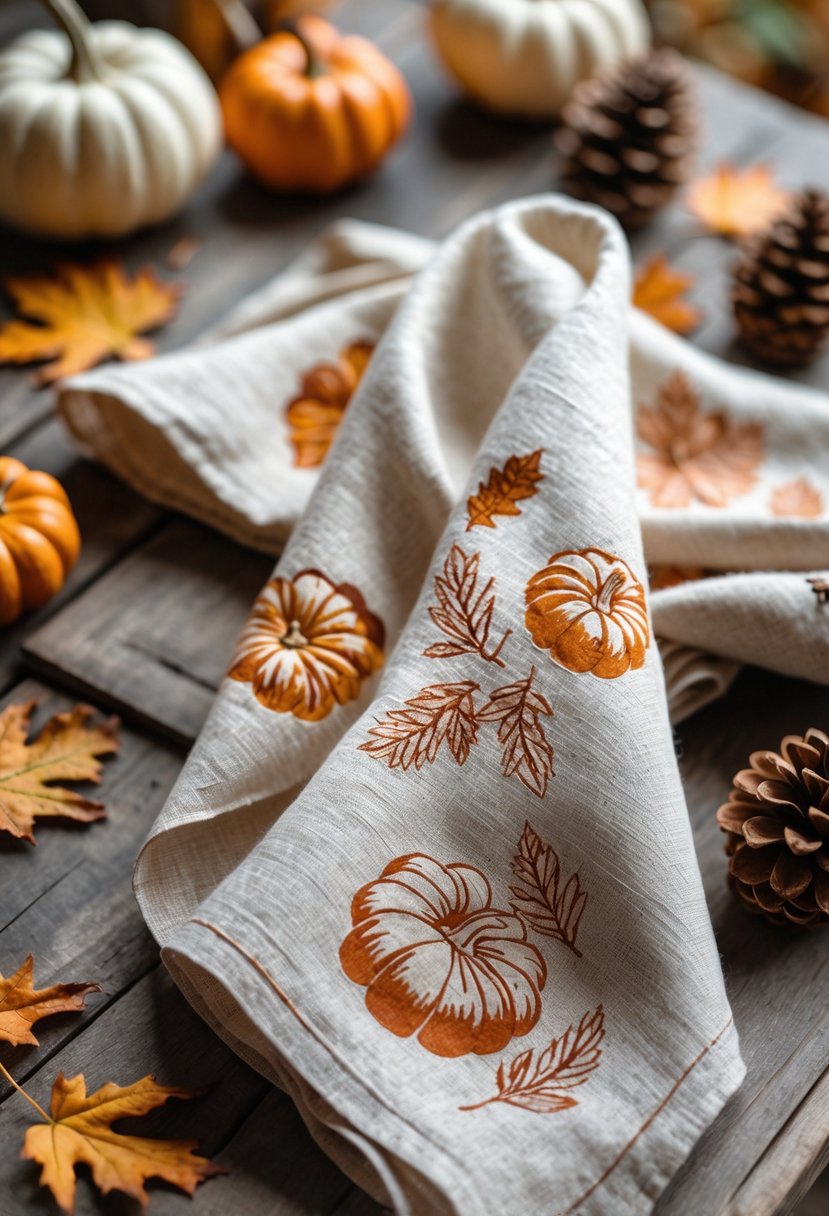 Hand-stamped linen napkins with fall motifs arranged on a wooden table surrounded by small pumpkins, dried leaves, and pinecones.