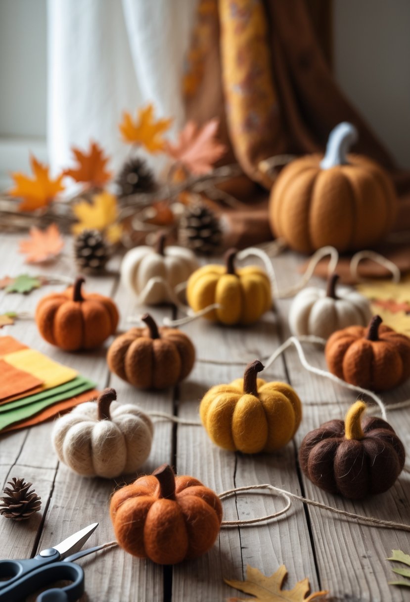 A felt pumpkin garland made of small orange and yellow pumpkins on a wooden table surrounded by crafting supplies and autumn decorations.