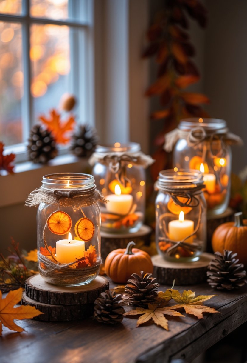 Mason jar lanterns glowing on a wooden table surrounded by autumn leaves, pinecones, and small pumpkins.