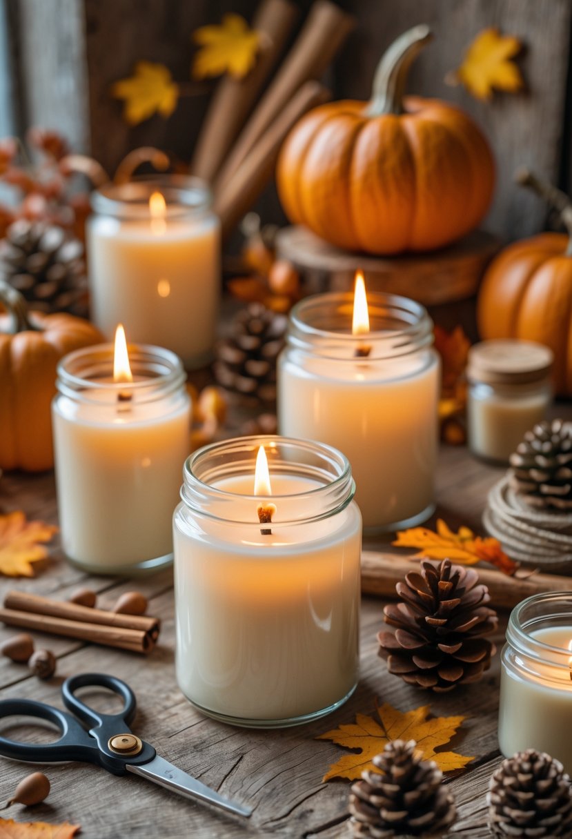 A table with handmade scented soy candles surrounded by fall decorations like dried leaves, cinnamon sticks, pumpkins, and crafting supplies.