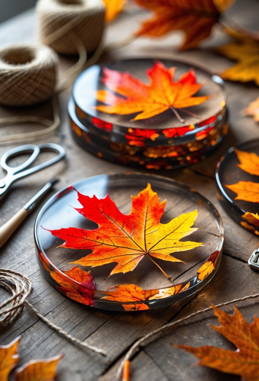 A set of colorful autumn leaf coasters on a wooden table surrounded by crafting materials.