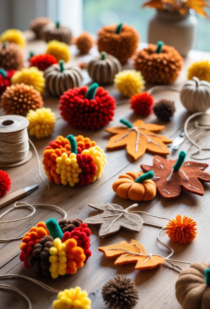 A wooden table with colorful pom-pom and felt leaf garlands, crafting supplies, and autumn-themed decorations.