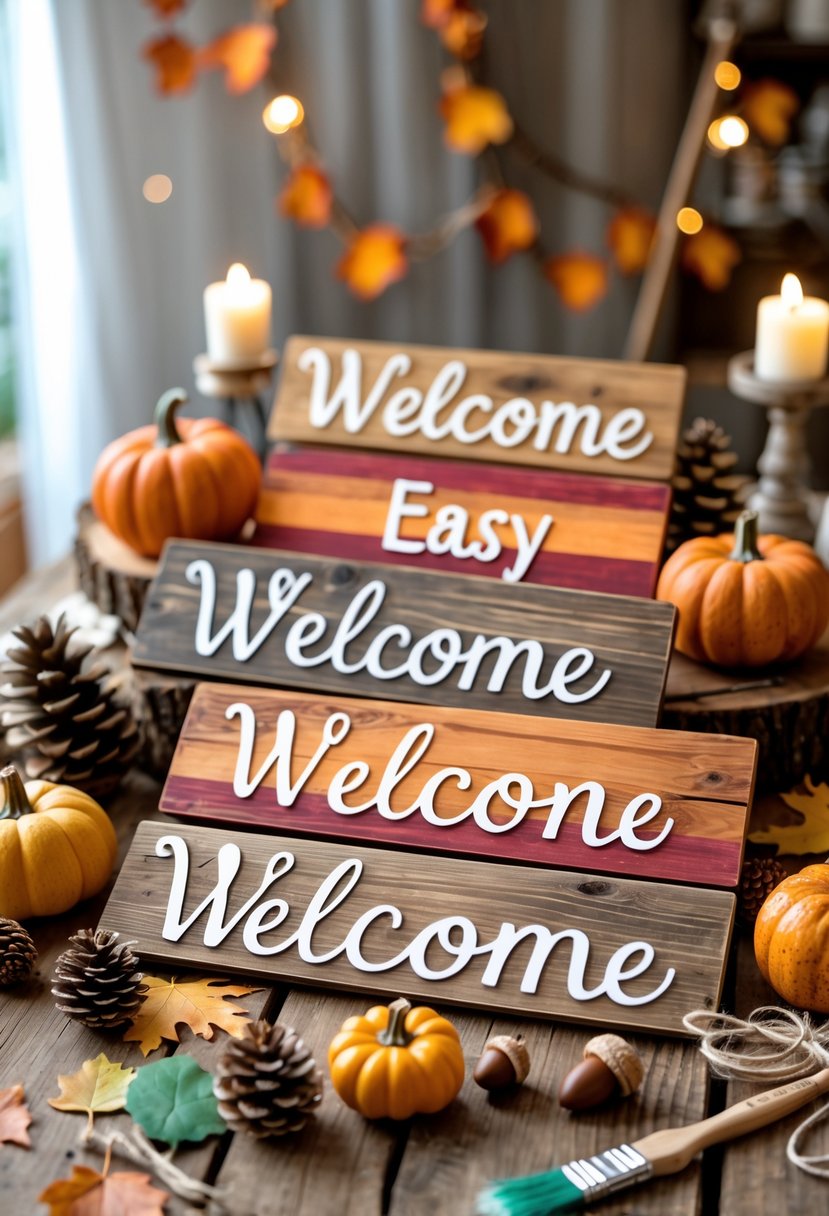 A collection of rustic wooden welcome signs surrounded by fall craft materials like pinecones, dried leaves, and small pumpkins on a wooden table.