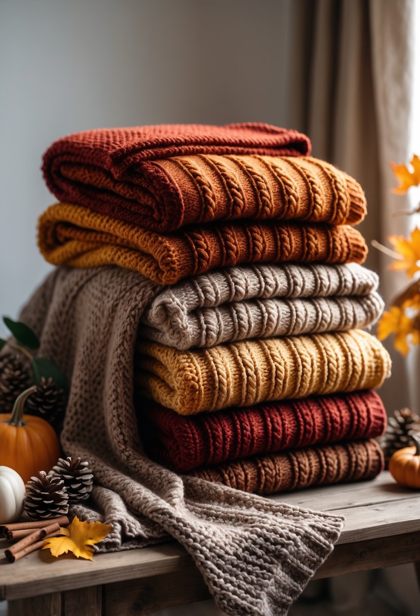 A collection of knitted throw blankets in autumn colors displayed on a wooden table with fall decorations like pumpkins and leaves.