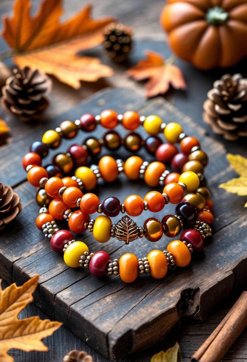 A collection of beaded fall-themed bracelets displayed on a wooden surface with autumn leaves and pine cones around them.