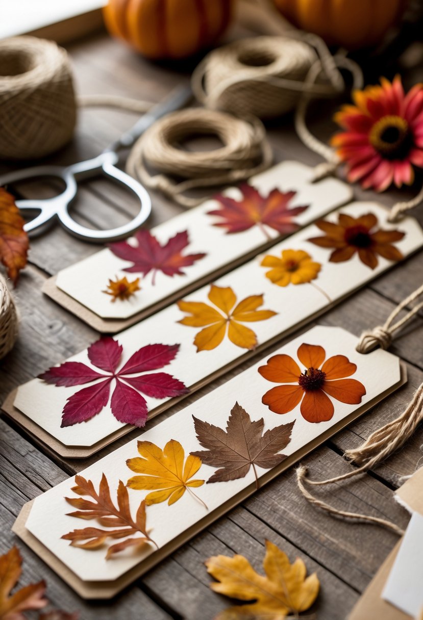 Pressed flower bookmarks with autumn leaves arranged on a wooden table alongside crafting materials.