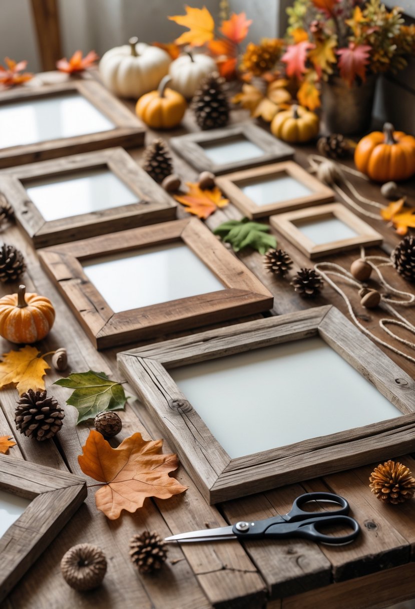 A collection of reclaimed wood picture frames displayed on a wooden table surrounded by fall craft supplies like dried leaves, pine cones, and small pumpkins.