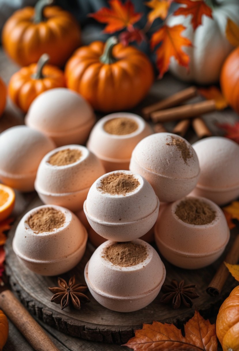 A collection of pumpkin spice bath bombs surrounded by pumpkins, cinnamon sticks, dried orange slices, and fall leaves on a wooden surface.