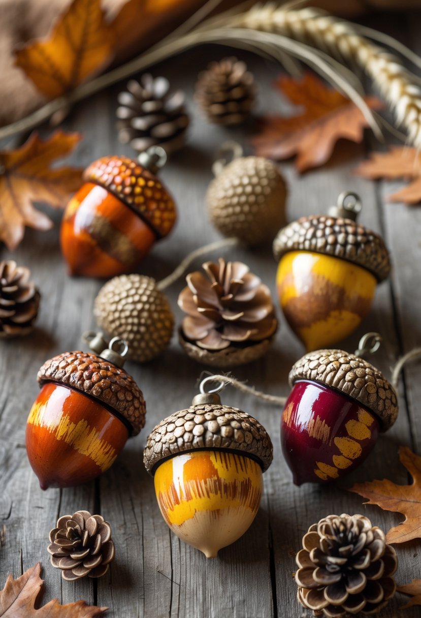 A collection of hand-painted acorn ornaments displayed on a wooden surface surrounded by autumn leaves, pinecones, and wheat sprigs.