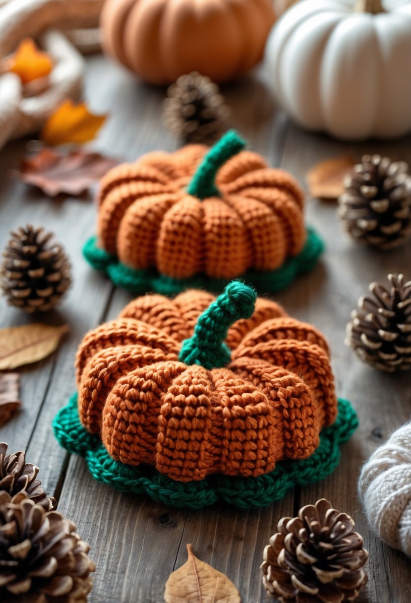 A set of crocheted pumpkin coasters arranged on a wooden table with autumn leaves and pinecones nearby.
