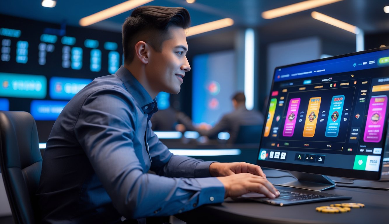 Seseorang duduk di depan laptop bermain poker online dengan suasana turnamen besar di latar belakang.