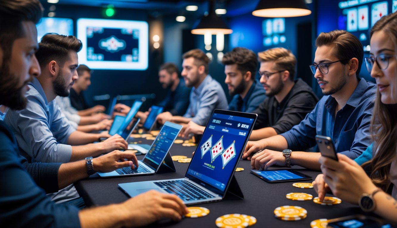 Beberapa orang sedang bermain poker online menggunakan perangkat digital di ruangan modern dengan suasana yang ramai dan fokus.
